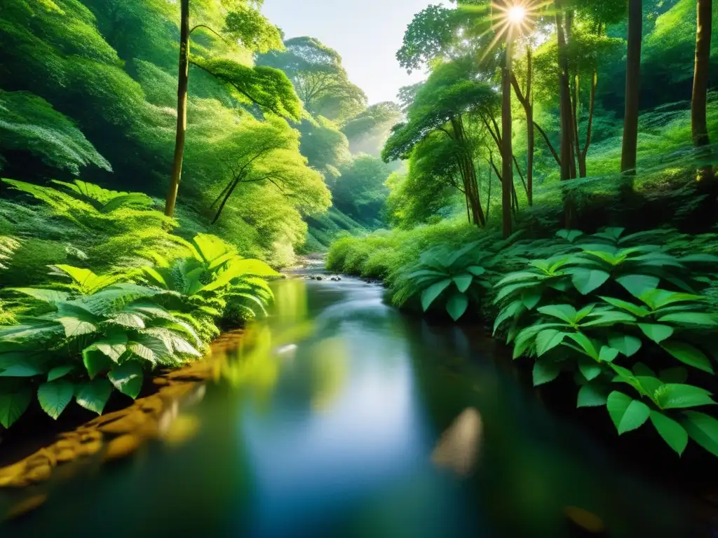 Imagen de un exuberante bosque verde con luz filtrada y un arroyo tranquilo