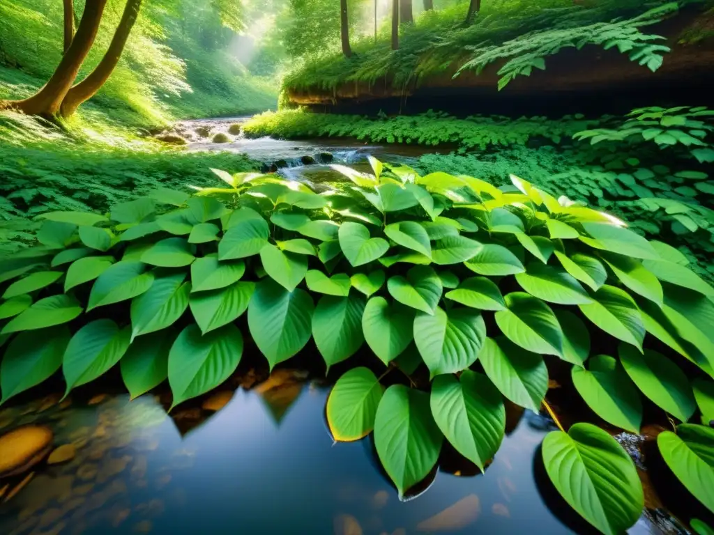 Imagen 8k de un exuberante bosque verde, con luz solar filtrándose a través de las hojas, creando un juego de luces y sombras