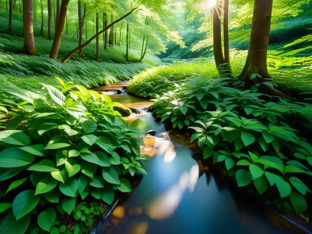 Imagen de un exuberante bosque verde, con luz solar filtrándose entre las hojas y creando sombras en el suelo