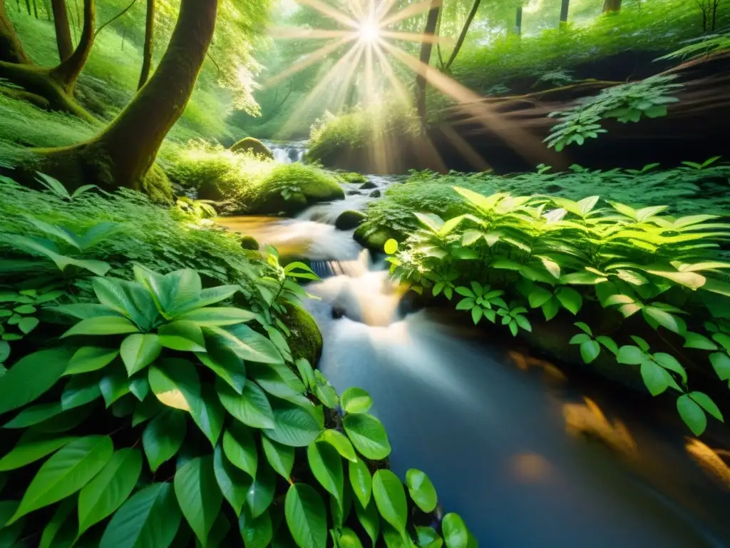 Imagen de un exuberante bosque verde con rayos de sol filtrándose a través del dosel, reflejando en un arroyo cristalino