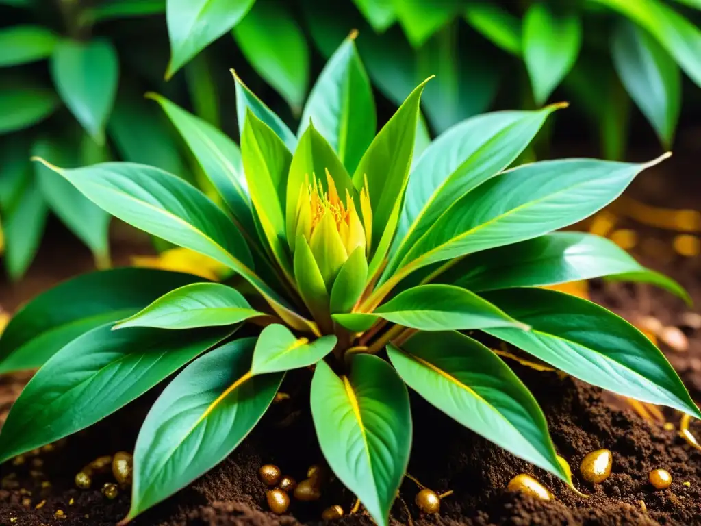 Imagen de una exuberante planta de jengibre con raíces y hojas vibrantes, bañada por la luz solar