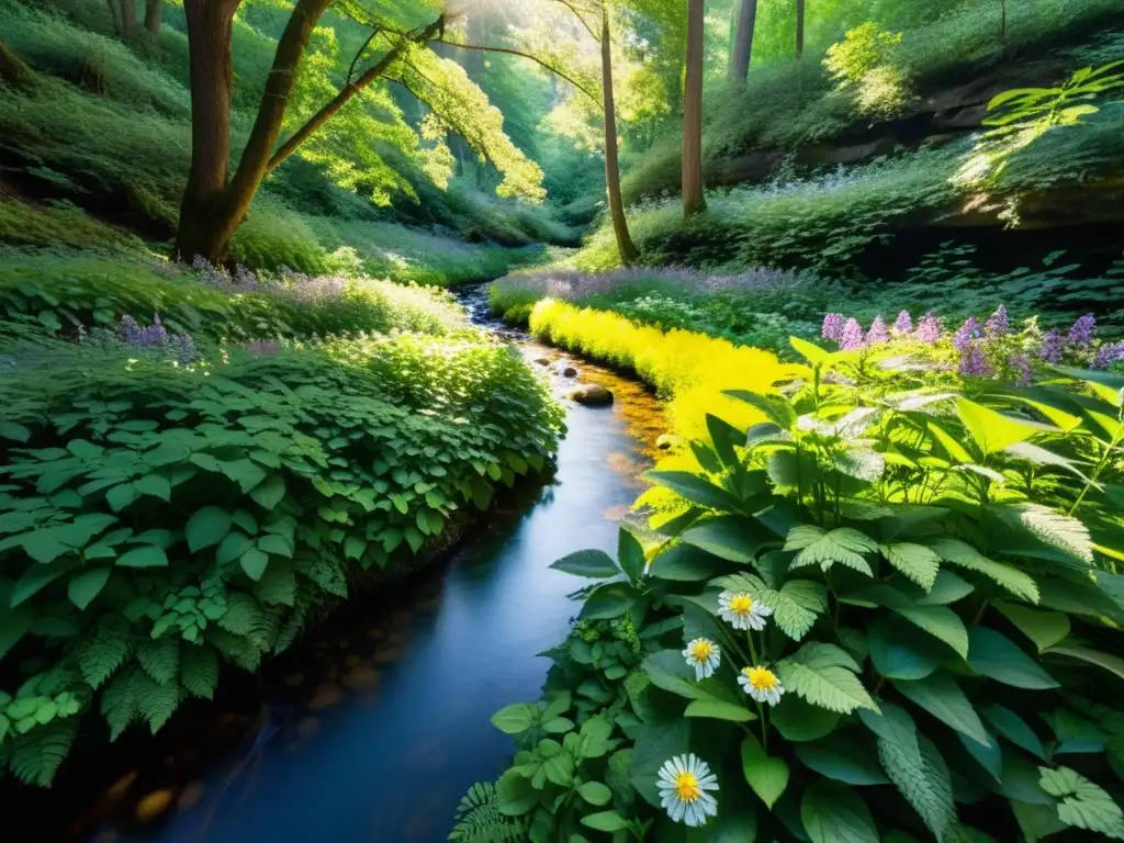 Imagen de un exuberante y sereno bosque verde con luz solar filtrándose a través de las hojas, creando sombras moteadas en el suelo