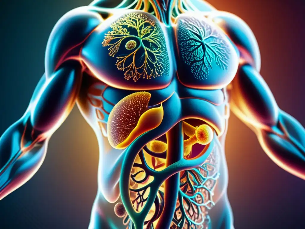 Imagen 8k del sistema inmune humano: detalle futurista y vital Imagen 8k futurista del cuerpo humano con sistema inmunológico en detalle, resaltando la importancia del sistema inmunológico humano