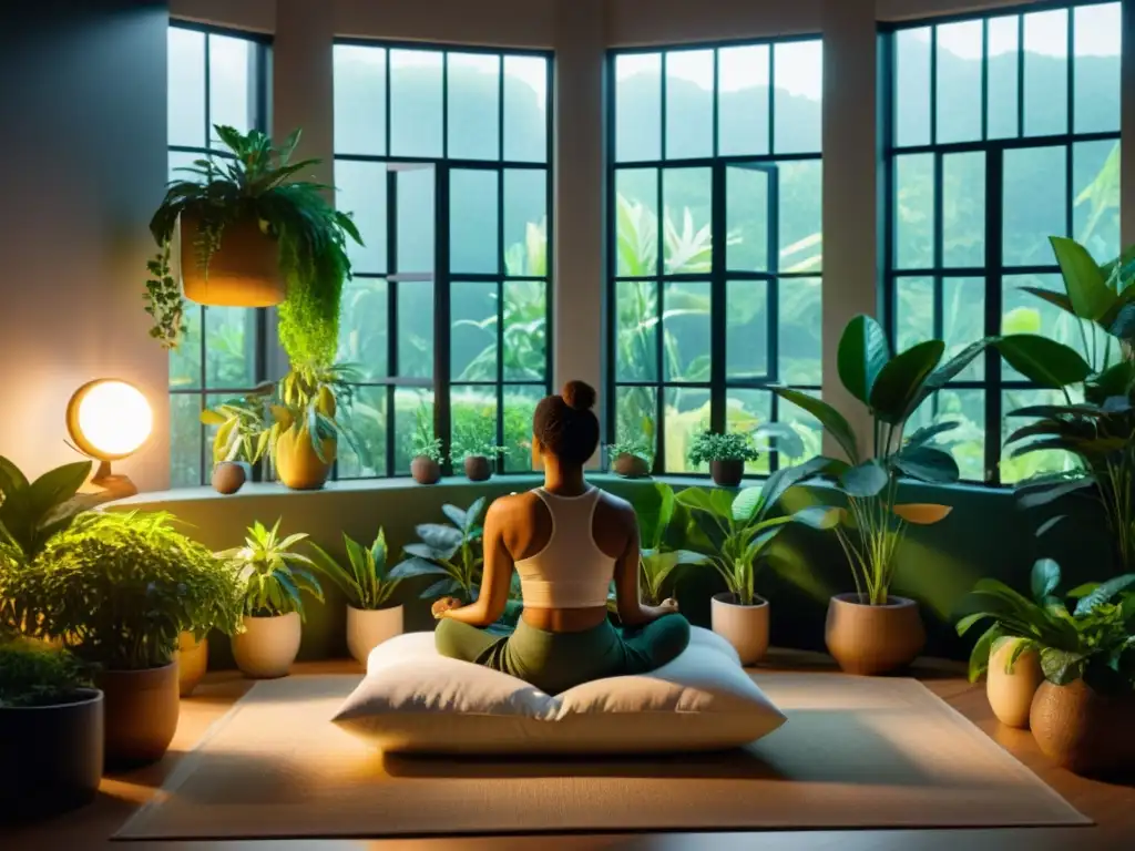 Imagen 8k de una habitación serena iluminada por luz dorada, con persona meditando entre plantas, ideal para meditación guiada sistema inmunológico