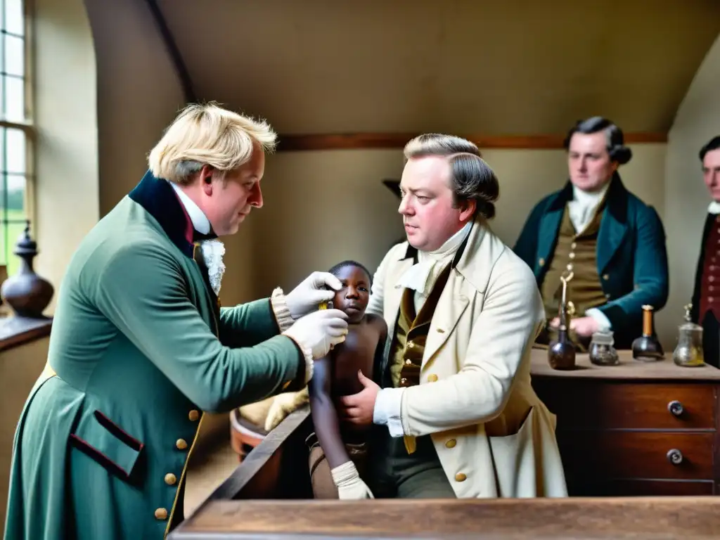 Imagen histórica de Edward Jenner administrando la primera vacuna contra la viruela a James Phipps en 1796, capturando los orígenes de la inmunización en el campo