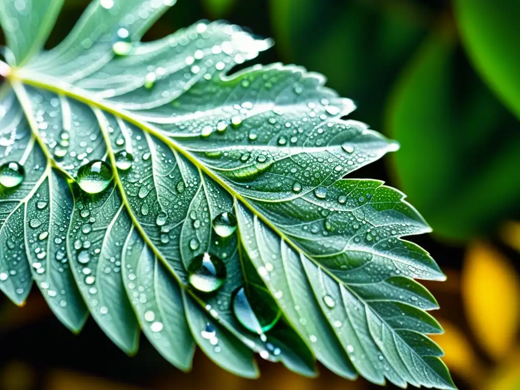 Imagen de una hoja verde con gotas de agua, iluminada por luz natural