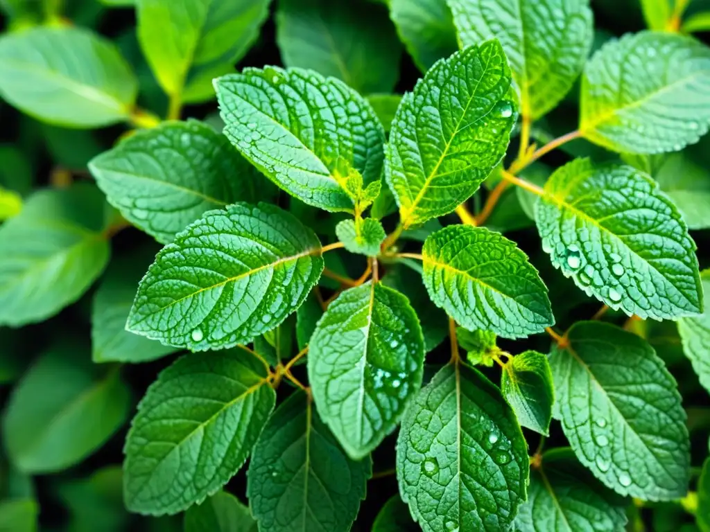 Imagen de hojas frescas de menta con gotas de agua, resaltando sus venas y texturas