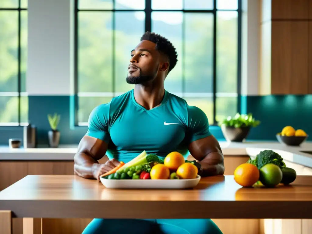 Imagen impactante de un atleta disfrutando una comida equilibrada y colorida, clave para nutrición deportiva y sistema inmune