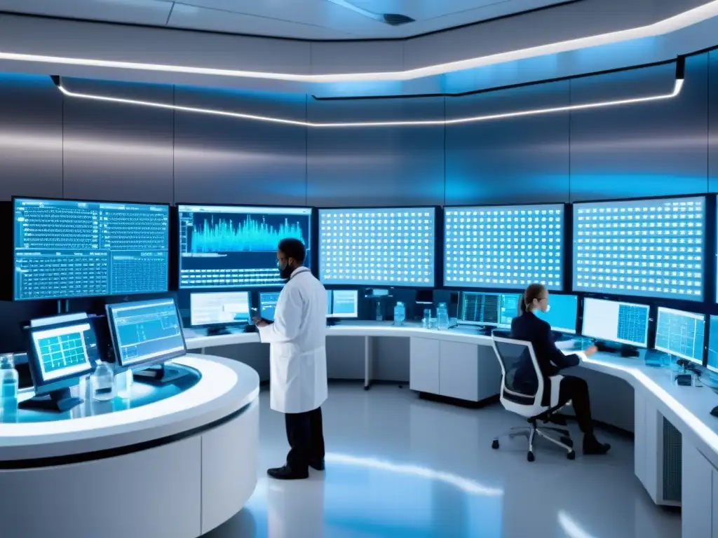 Imagen 8k de un laboratorio futurista con científicos en batas blancas desarrollando vacunas genéticas para enfermedades incurables, con avanzado equipamiento científico y maquinaria biotecnológica