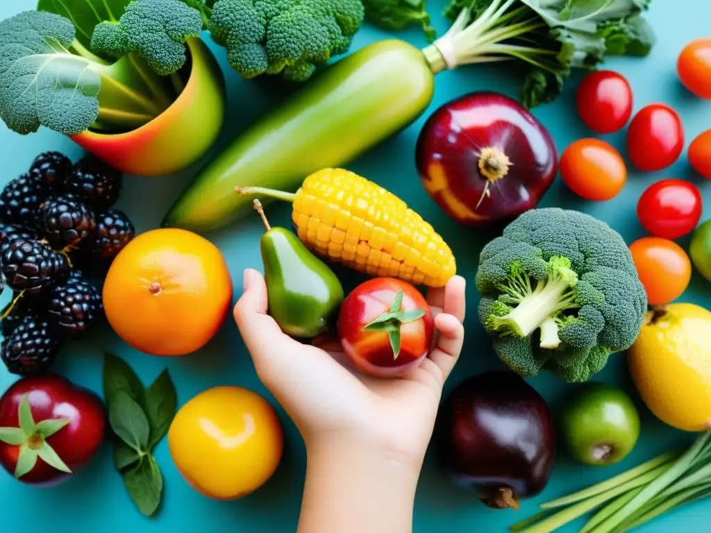 La imagen muestra la mano de un niño sosteniendo frutas y verduras coloridas, resaltando los ácidos grasos omega 3 para la inmunidad infantil