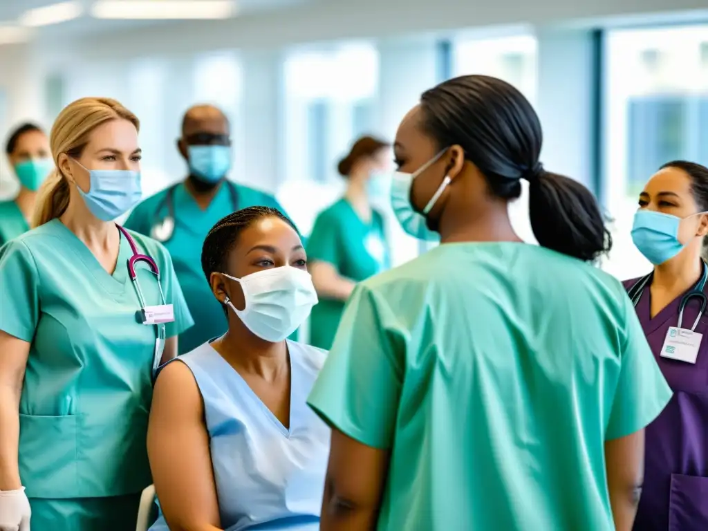 Imagen de una instalación médica moderna con personas diversas, vacunándose