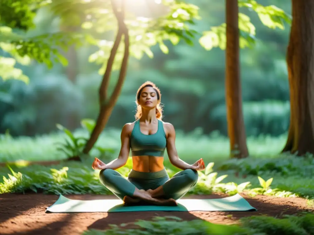 Imagen de una mujer serena practicando yoga en un claro boscoso, irradiando tranquilidad y fuerza interior con la postura del Árbol