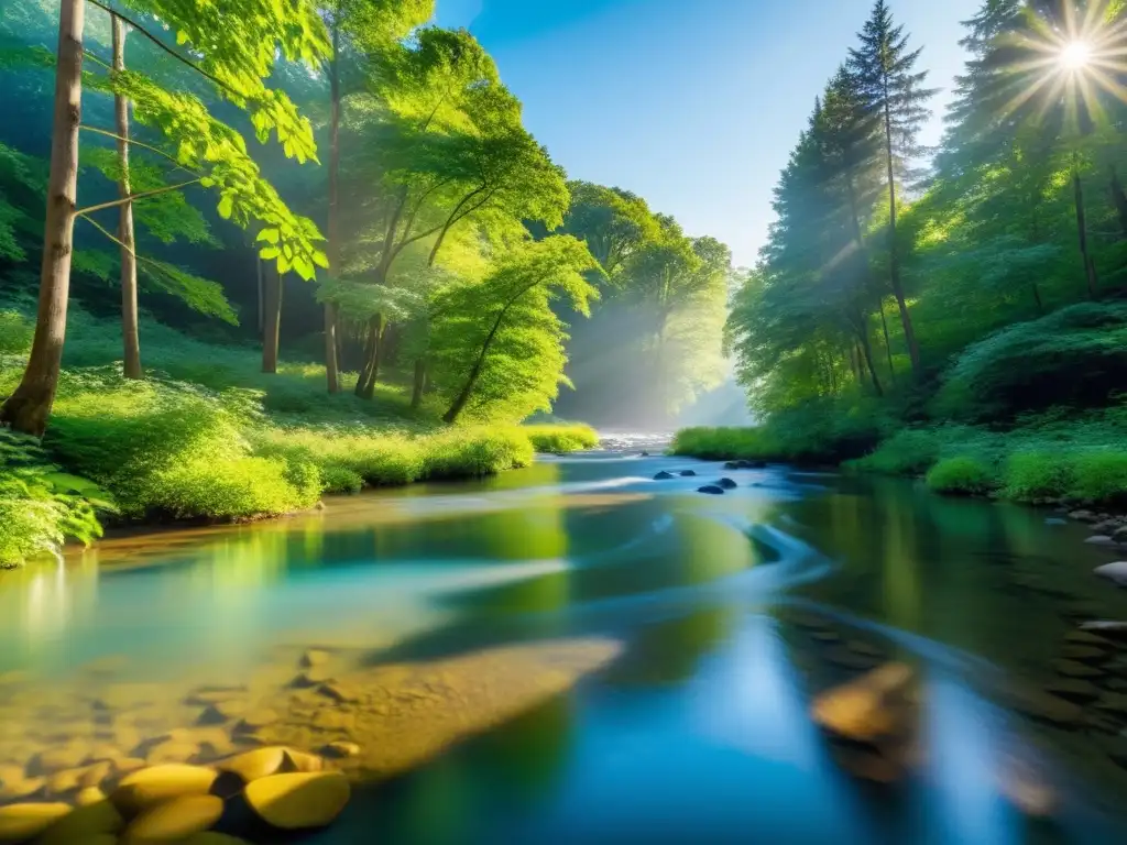 Imagen de naturaleza serena y tranquilizante con río, cielo azul y frondosa vegetación