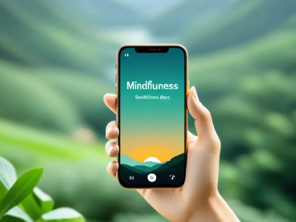 Imagen de pantalla de smartphone moderno con app de mindfulness y fondo de naturaleza relajante