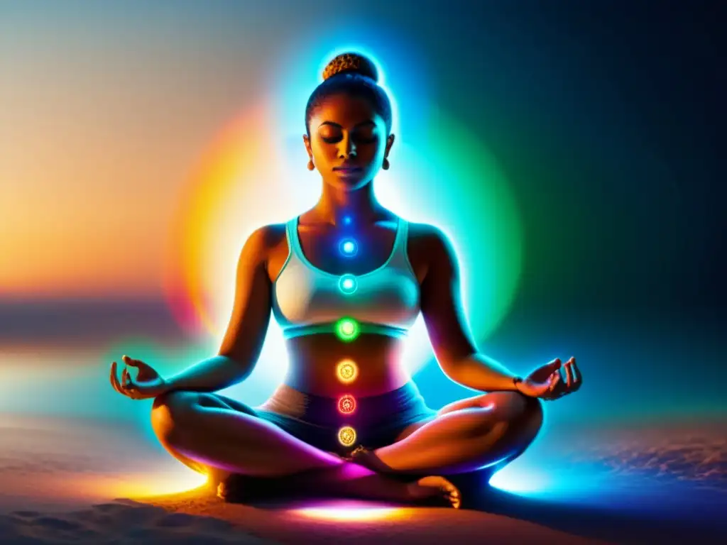 Imagen de una persona meditando con chakras brillantes alineados, emanando equilibrio para un sistema inmunológico sano y fuerte