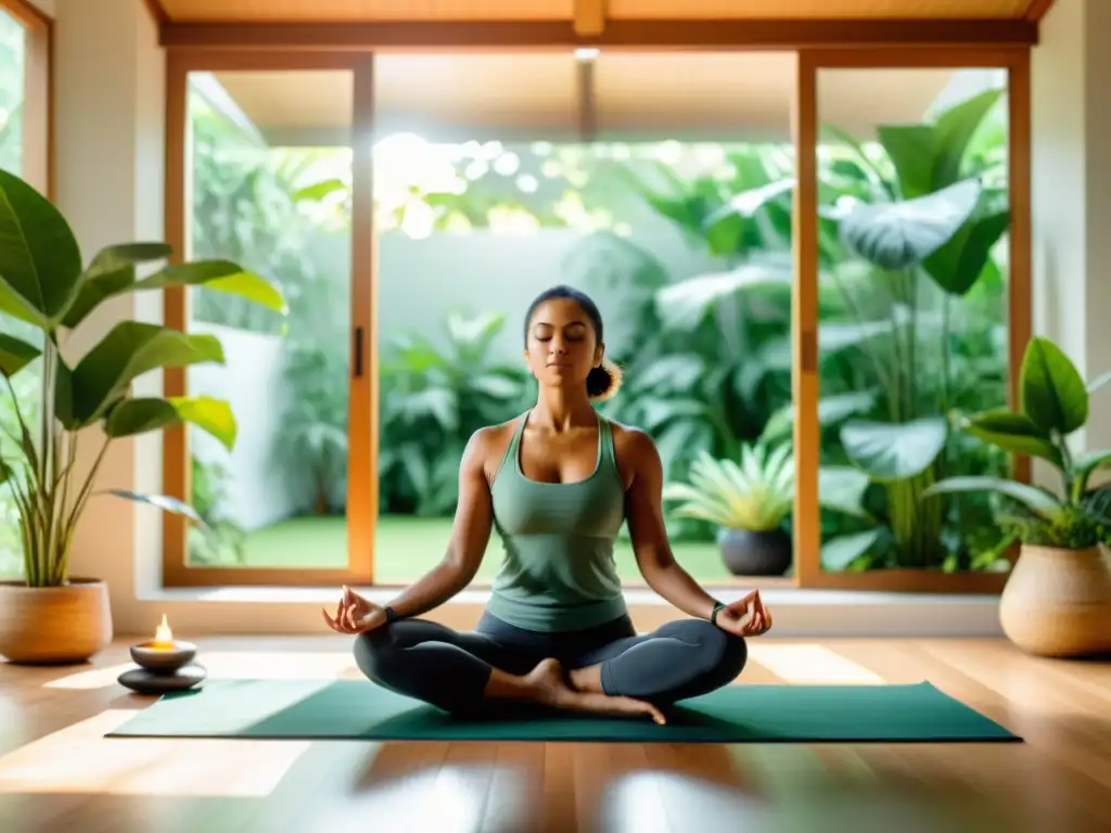 Imagen 8k de una persona practicando yoga en un ambiente sereno y soleado, rodeada de plantas verdes exuberantes