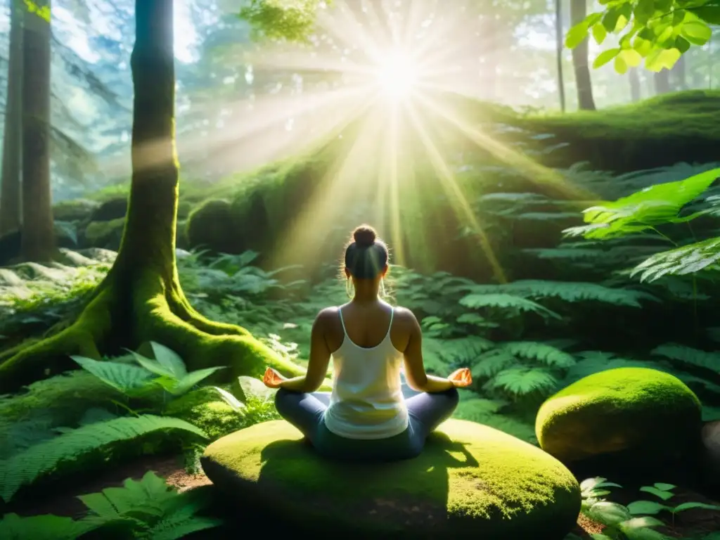 Imagen de alta resolución de una persona meditando en un bosque verde exuberante, transmitiendo calma y paz