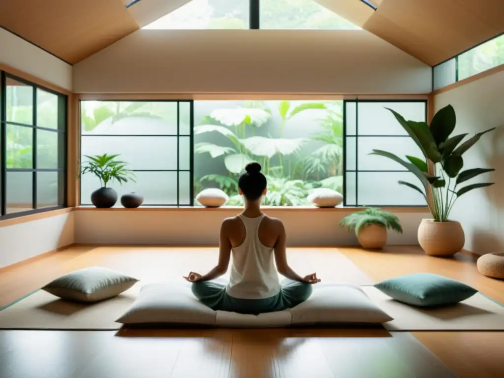 Imagen 8k de una sala de meditación minimalista con luz natural, cojines y planta