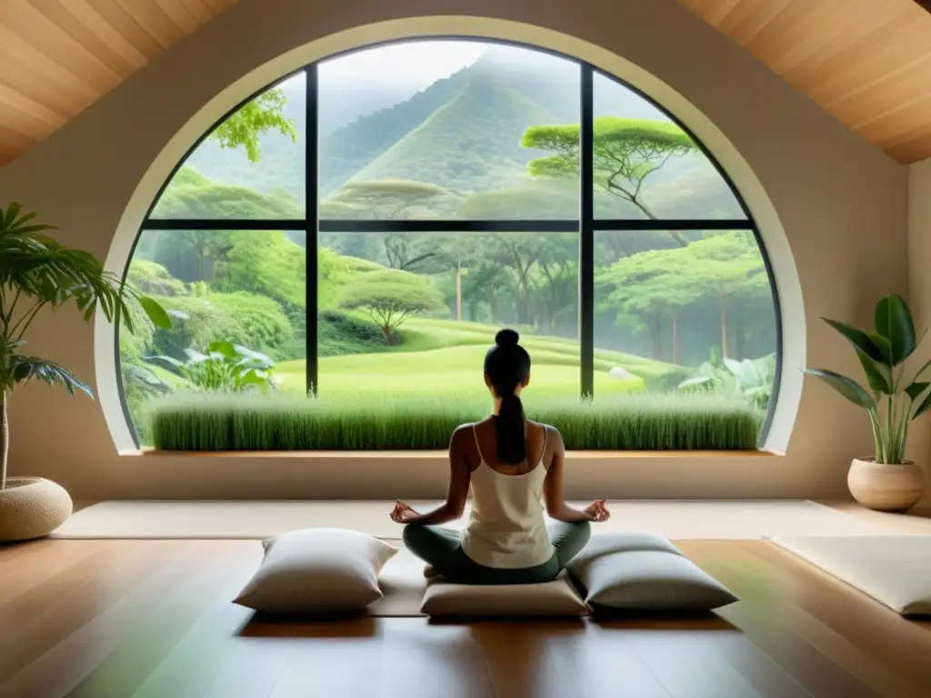 Imagen de una sala de meditación serena con vistas a la naturaleza exuberante, promoviendo paz interior y claridad mental