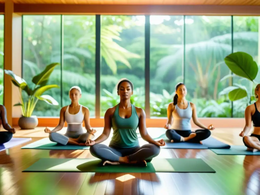 Imagen serena de grupo diverso practicando yoga en un entorno natural, transmitiendo bienestar y paz