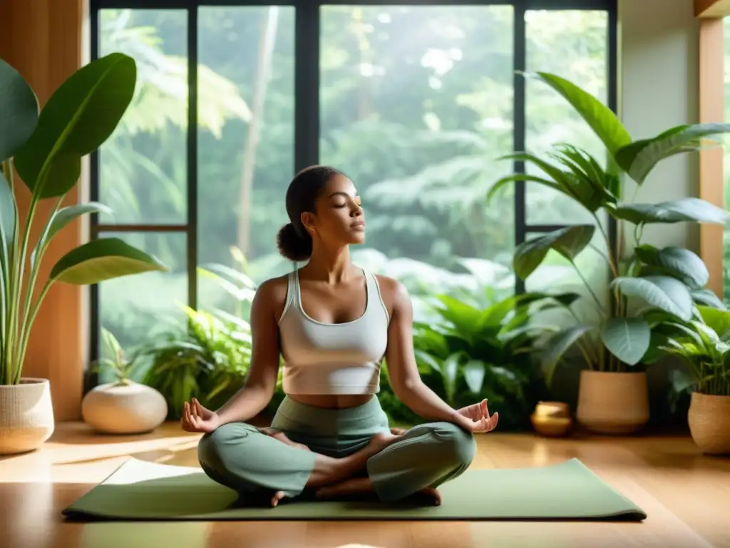 Imagen tranquila de meditación con luz natural, plantas y decoración moderna