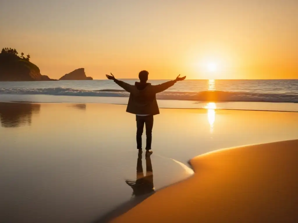 Una imagen de tranquilidad en la playa al atardecer, con una persona de brazos abiertos y rostro hacia el cielo