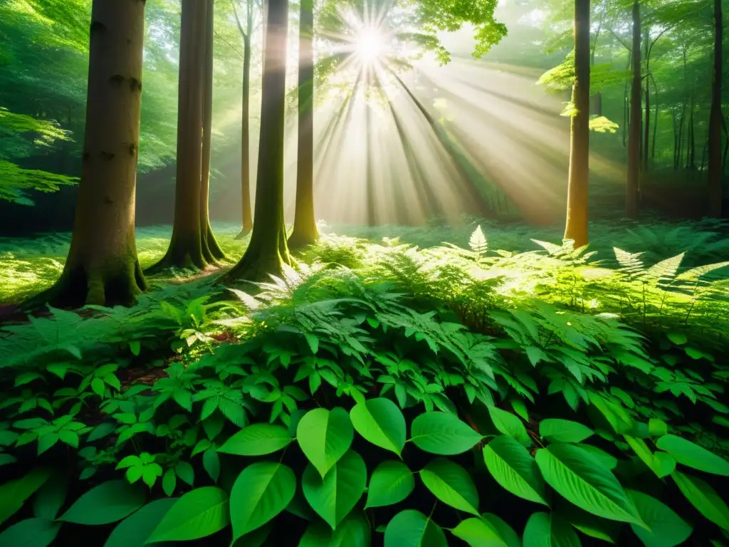 Imagen de un tranquilo y exuberante bosque con luz solar filtrándose a través del dosel, creando sombras moteadas en el suelo del bosque