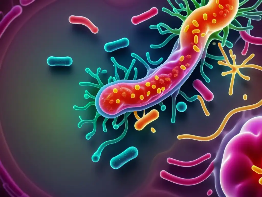 Una imagen ultradetallada de la diversa población de bacterias intestinales, destacando la interconexión con el sistema inmunológico