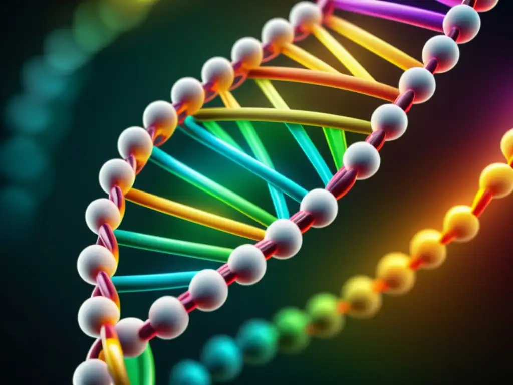 Una imagen ultradetallada en 8k de una estructura de doble hélice de ADN, con colores vibrantes y detalles intrincados, simbolizando la base genética de las enfermedades hereditarias del sistema inmunológico