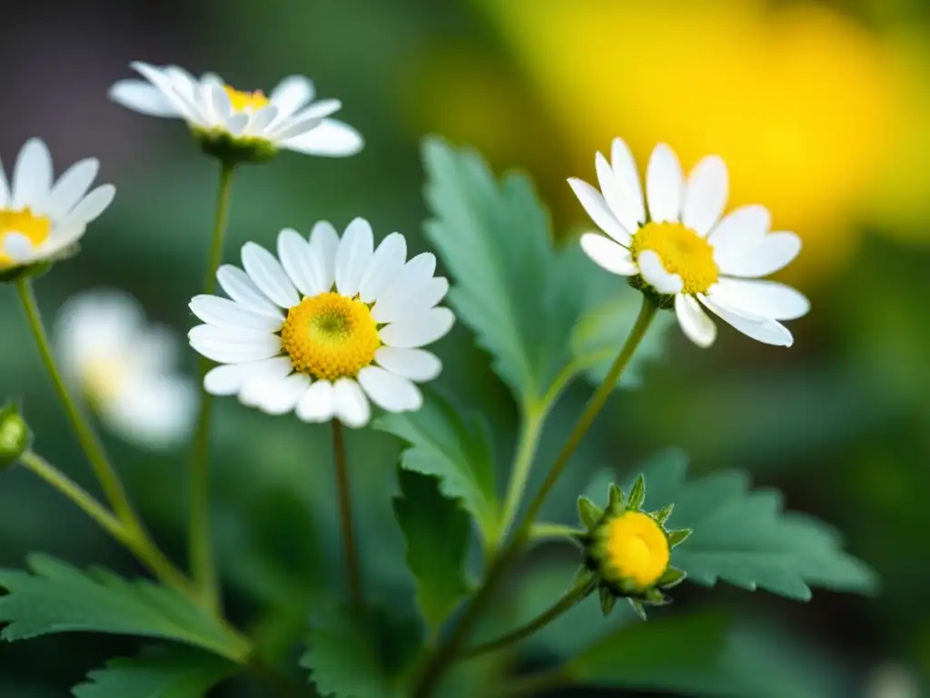 Una imagen ultradetallada de una planta de manzanilla vibrante, resaltando sus delicadas flores blancas y amarillas entre hojas verdes exuberantes