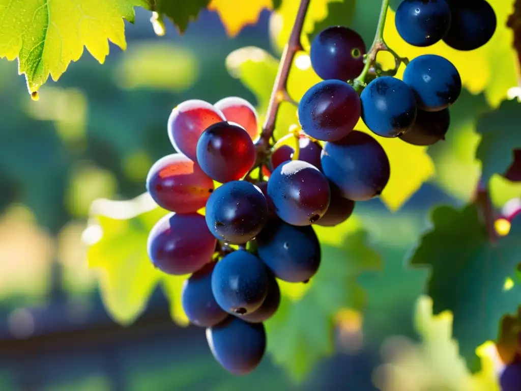 Imagen de uvas maduras en la vid, brillando bajo la luz dorada, invita a apreciar los beneficios antioxidantes del extracto de semilla de uva