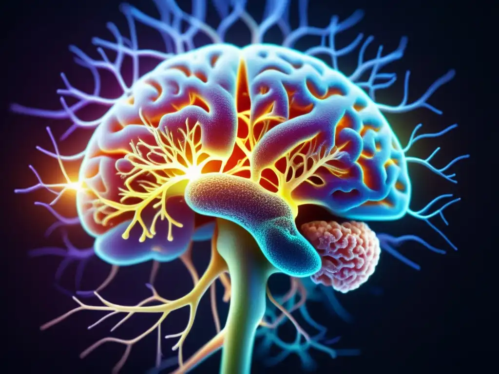 Una representación visualmente impactante de la compleja relación entre la ansiedad y el sistema inmune, con un cerebro humano detallado y conexiones neuronales resplandecientes rodeadas de una red delicada de células inmunes