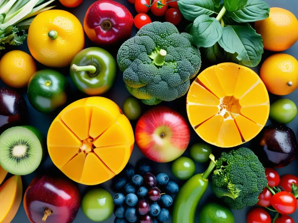 Una impactante exhibición de frutas y verduras frescas en un arreglo simétrico