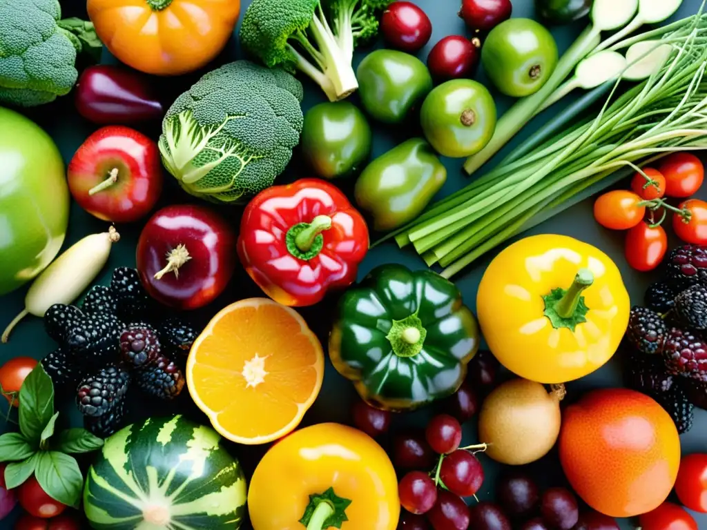 Una impactante exhibición de frutas y verduras frescas, vibrantes y variadas, que evoca vitalidad y abundancia