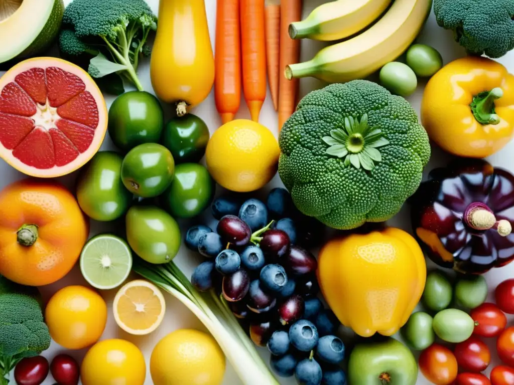 Una impactante exhibición de frutas y verduras vibrantes, resaltando la importancia de la nutrición inmunitaria en un estilo artístico moderno