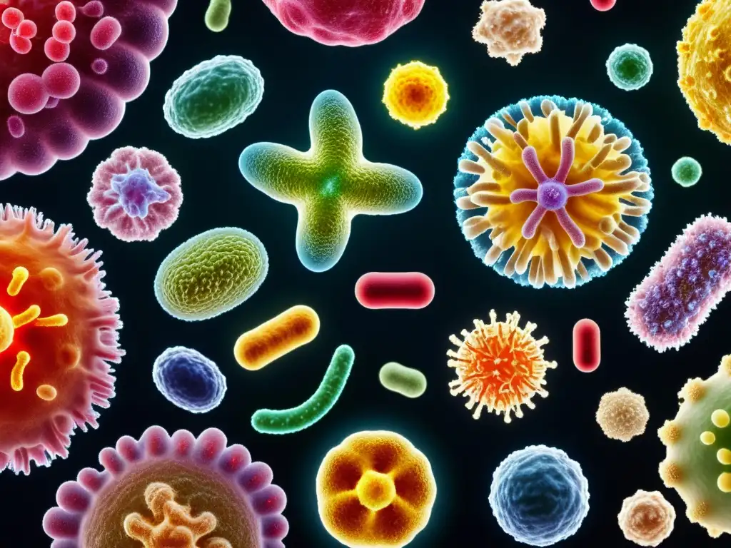 Una impactante imagen de alta resolución que muestra la diversidad y complejidad del microbioma, resaltando los beneficios del microbioma en la dieta