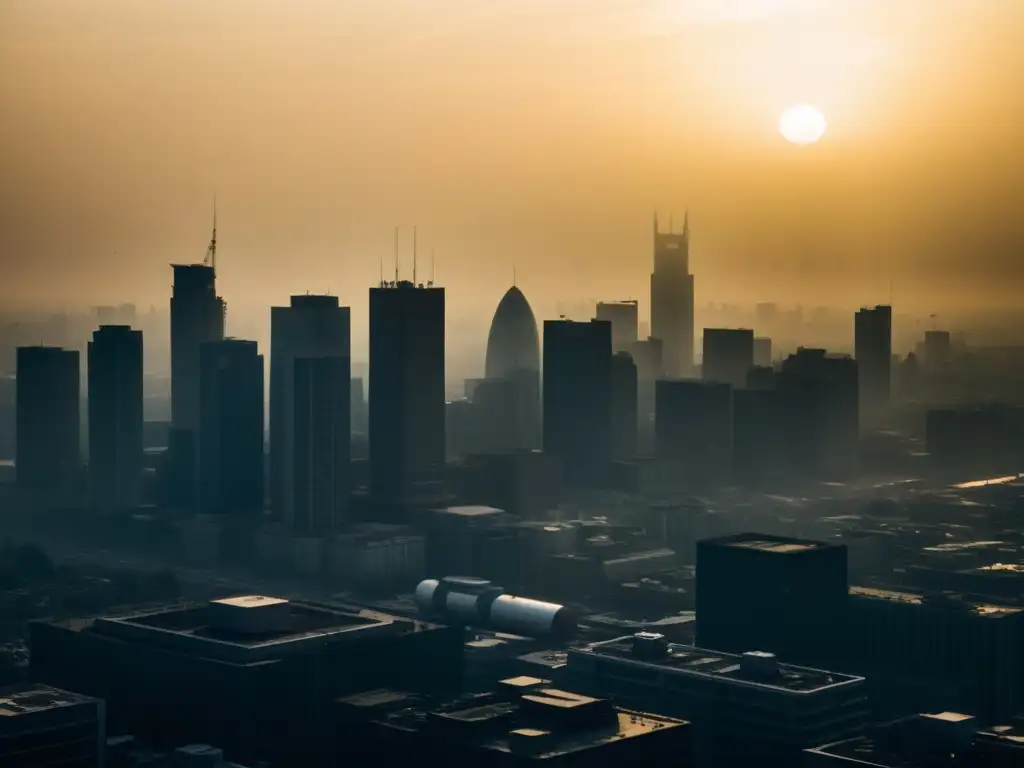 Un impactante skyline de ciudad envuelto en smog, con el sol luchando por brillar