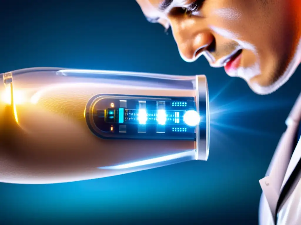 Implante wearable de alta tecnología con circuitos LED siendo insertado en el antebrazo en un entorno médico futurista