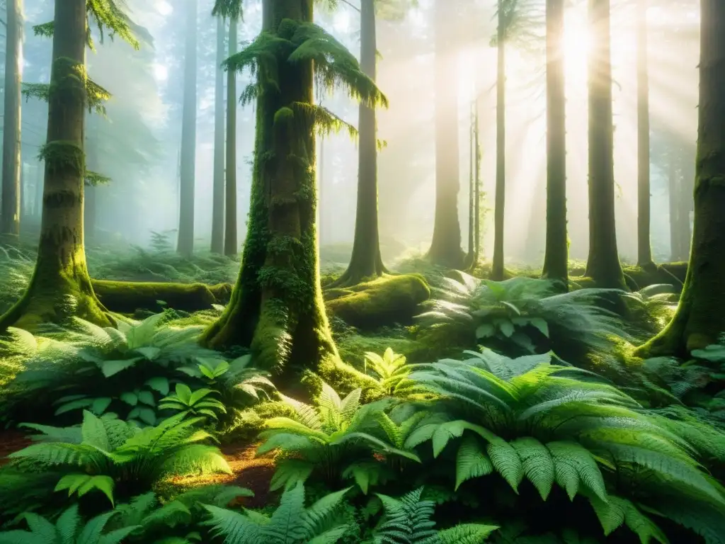 Imponente bosque verde con luz dorada filtrada entre las hojas, creando una atmósfera etérea