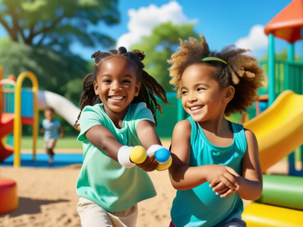 Importancia de vacunas en mortalidad: Niños saludables y felices, con vendajes de vacunación, jugando en un vibrante parque bajo el cálido sol