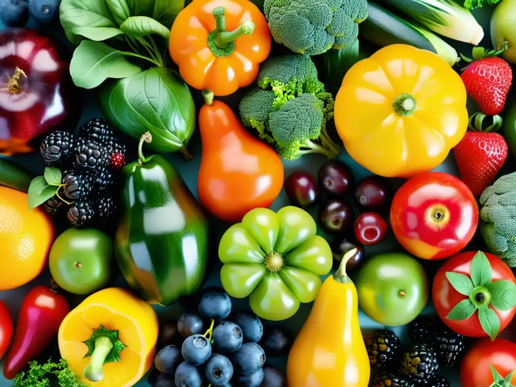 Una impresionante y detallada composición de frutas y verduras coloridas que resaltan la importancia del selenio y zinc en la salud y nutrición