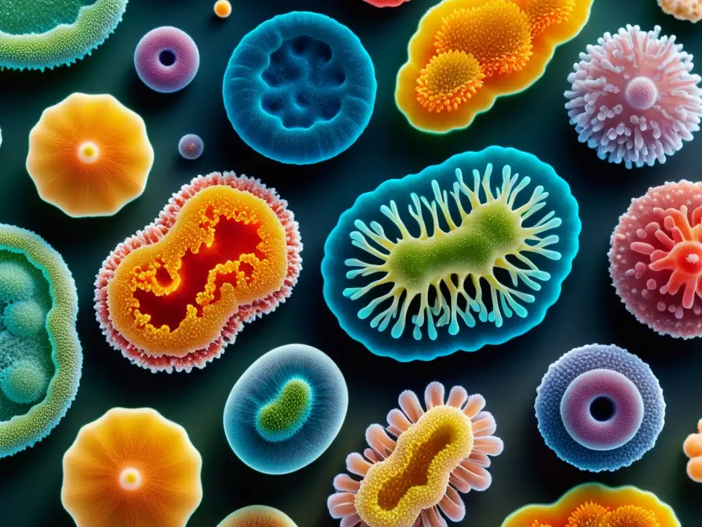 Una impresionante y detallada imagen de microorganismos coloridos, resaltando los beneficios del microbioma en la dieta