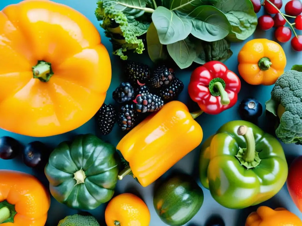 Una impresionante exhibición de frutas y verduras coloridas y frescas, potenciadores del sistema inmunológico, con detalles y colores vibrantes