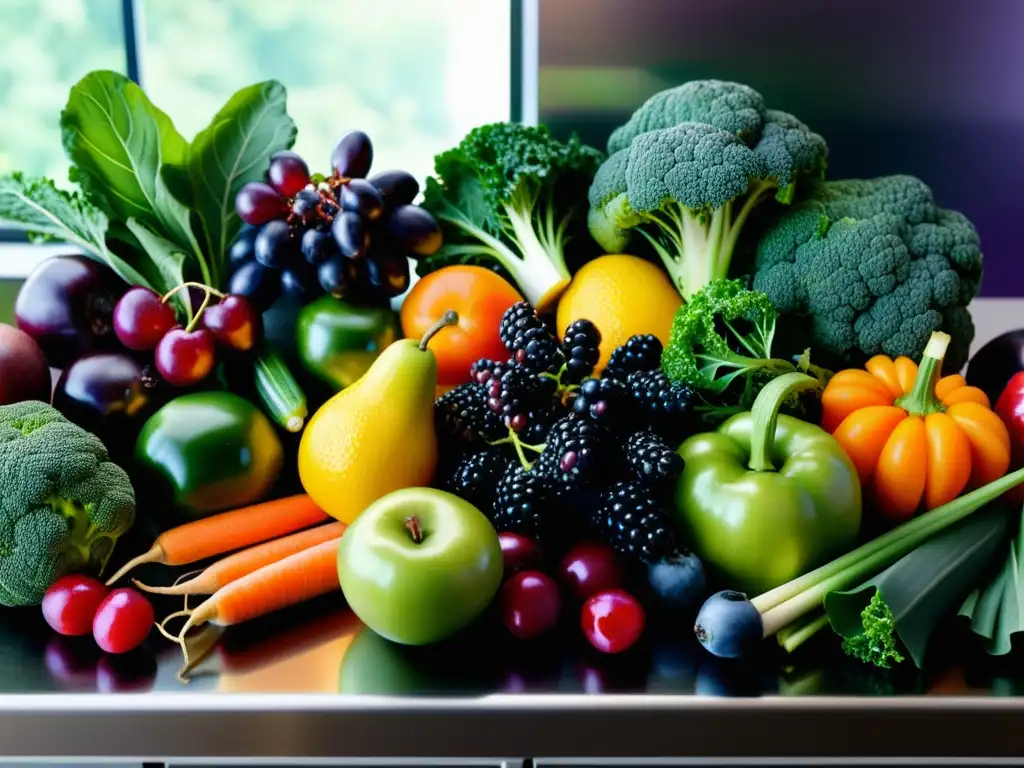 Una impresionante exhibición de frutas y verduras orgánicas en una cocina moderna, resaltando un enfoque homeopático detoxificación sistema inmune