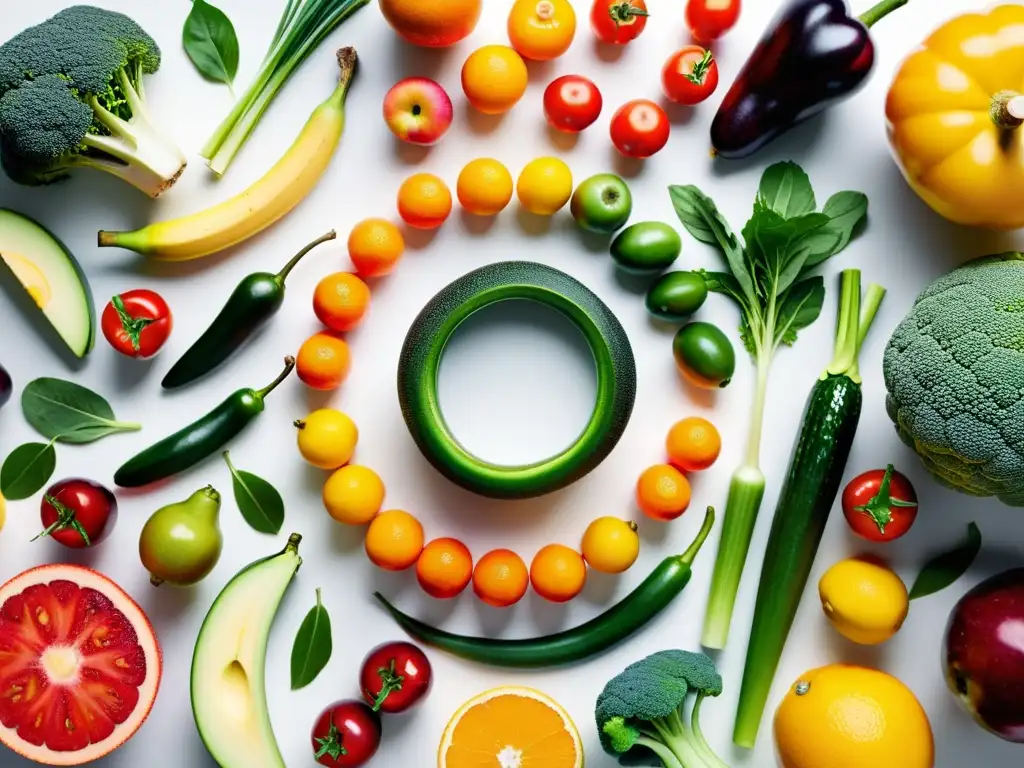 Una impresionante exhibición de frutas y verduras coloridas y vibrantes dispuestas en un patrón circular en una encimera blanca moderna, evocando salud, bienestar y abundancia natural, ideal para estrategias personalizadas sistema inmunitario