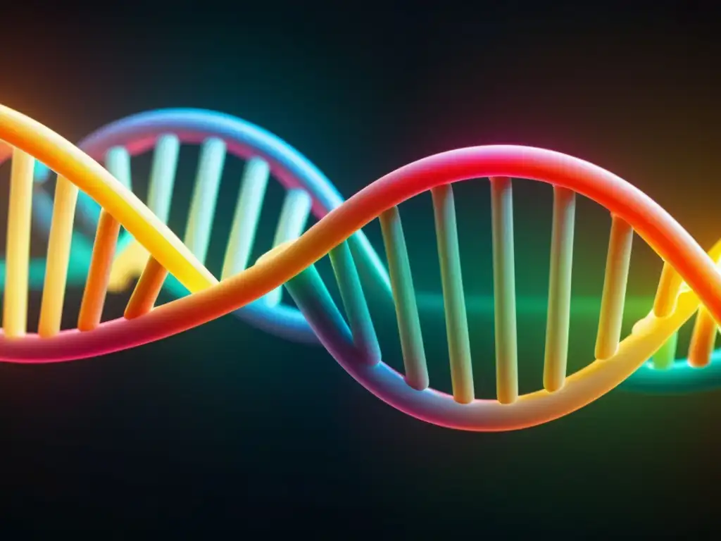 Una impresionante imagen detallada de una colorida estructura de doble hélice de ADN, iluminada con un suave resplandor