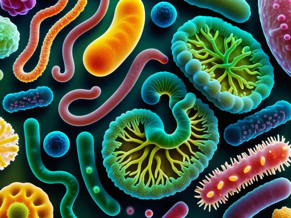 Una impresionante imagen detallada de la diversa microbiota intestinal, resaltando la importancia para el sistema inmunológico