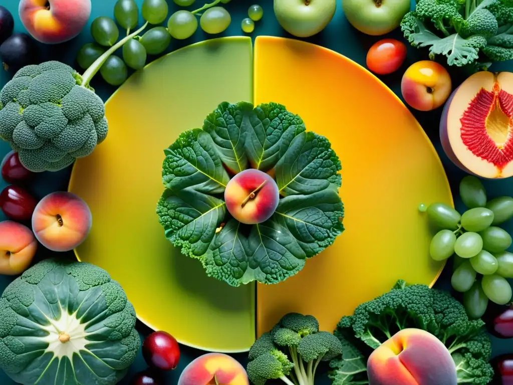 Una impresionante imagen 8k de frutas y verduras frescas, detalladas y coloridas, que potencian los genes y la nutrición para el sistema inmune