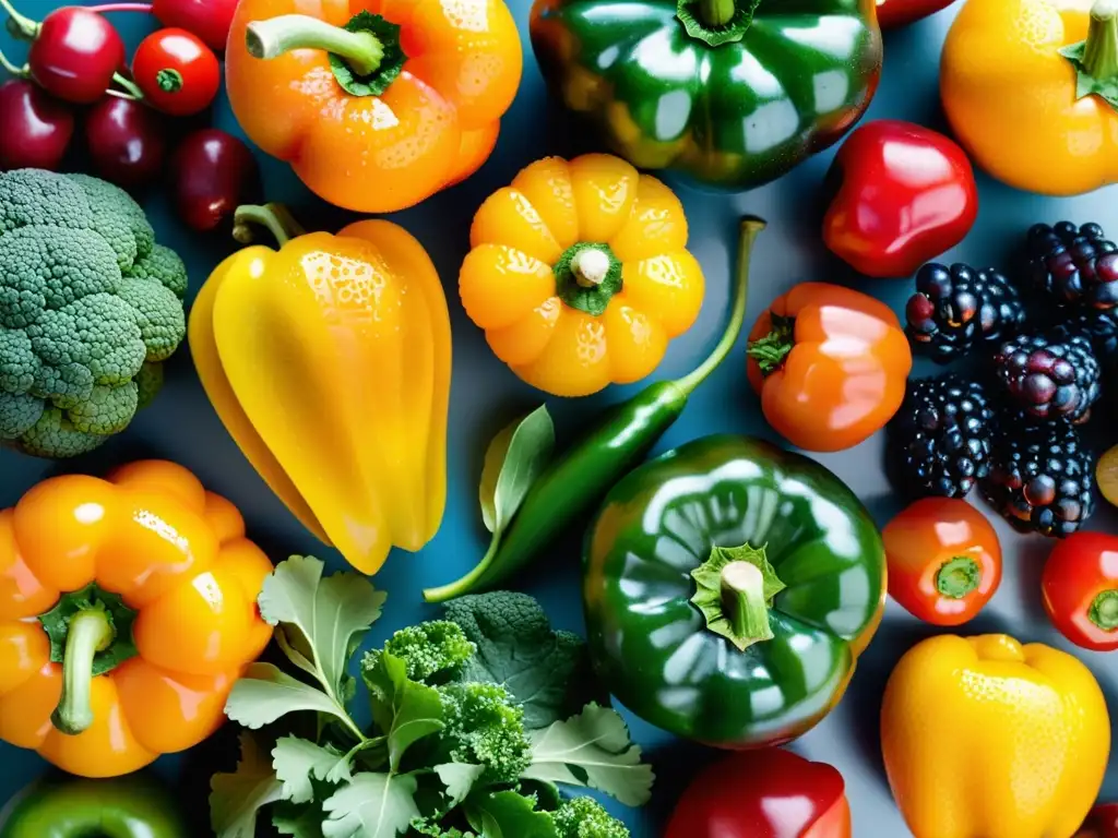 Una impresionante mezcla de frutas y verduras frescas, goteando agua, resaltando su frescura y beneficios