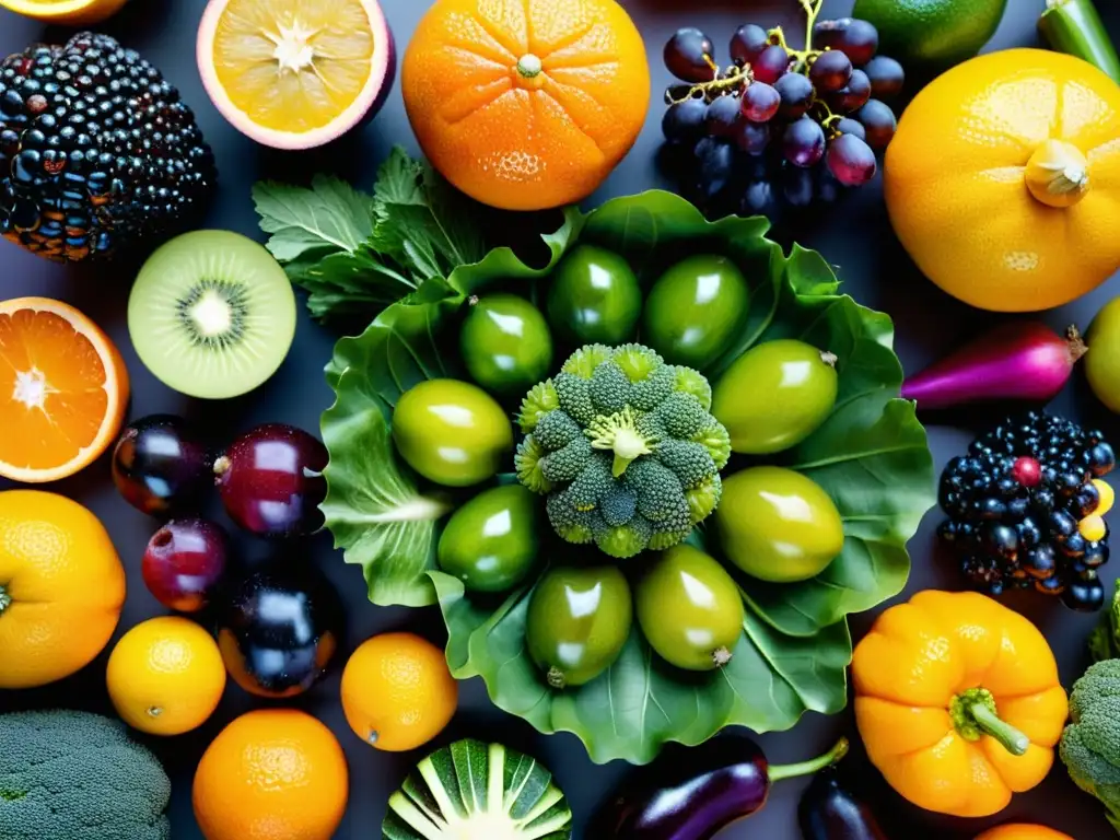 Una impresionante variedad de frutas y verduras en un círculo, con colores vibrantes y detalles meticulosos